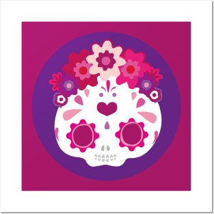 Kawaii mexican sugar skull adorable pink flower headband cute purple day of the dead Posters and Art